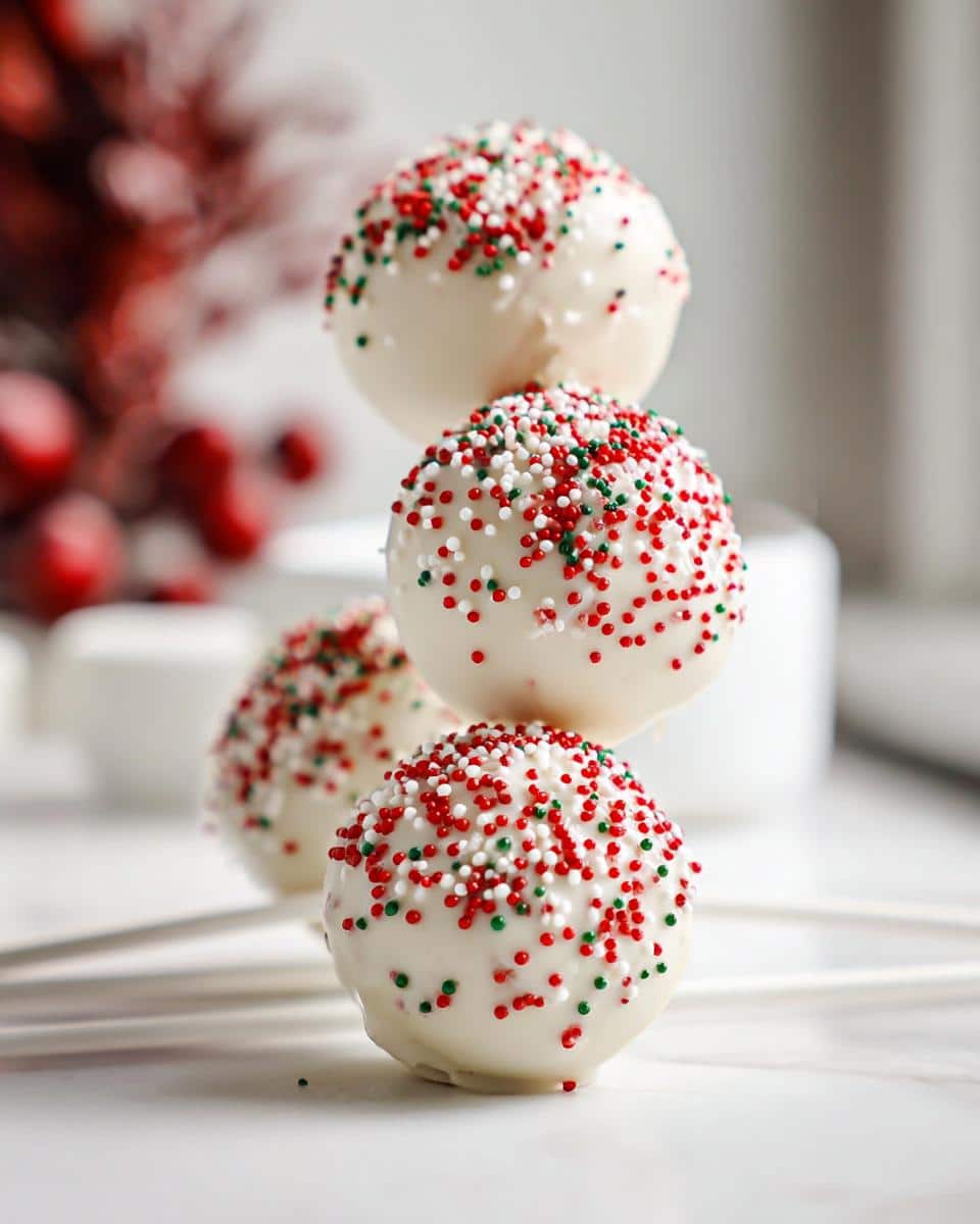 A stack of Classic Christmas Cake Pops dipped in white chocolate and adorned with red, green, and white festive sprinkles.
