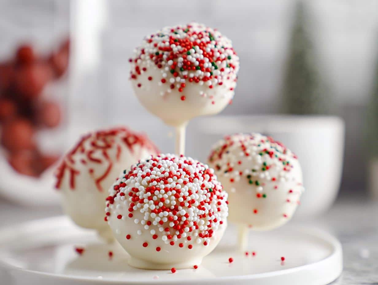 Four Classic Christmas Cake Pops dipped in white chocolate and decorated with red and green sprinkles.