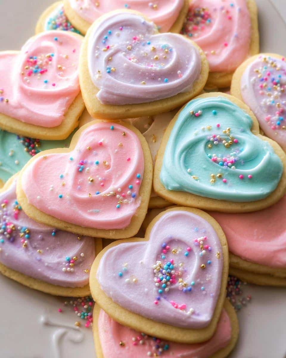 A close-up of heart-shaped Classic Sugar Cookies with Royal Icing in pastel pink, purple, and blue, decorated with sprinkles.