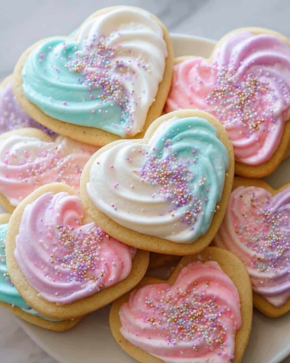 A close-up of heart-shaped classic sugar cookies decorated with pastel swirls of royal icing and colorful sprinkles.
