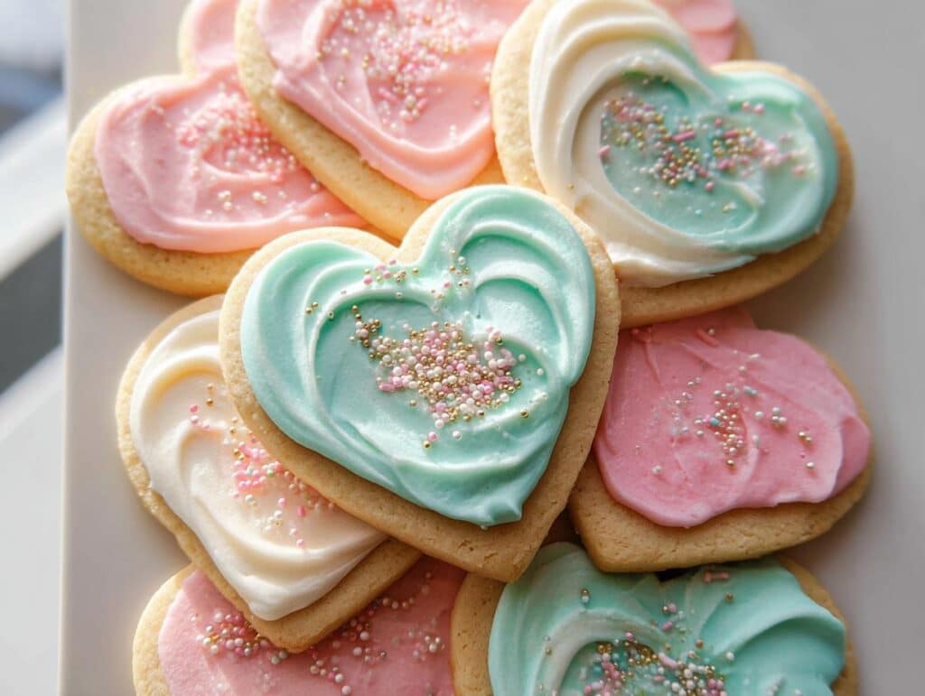A stack of heart-shaped Classic Sugar Cookies with Royal Icing in pastel pink, blue, and white, decorated with sprinkles.