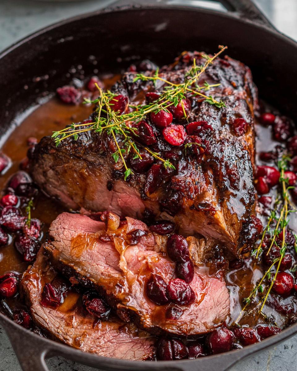 Close-up of a juicy Cranberry Balsamic Roast Beef, sliced and in a cast iron skillet with cranberries and thyme.