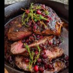 Close-up of sliced Cranberry Balsamic Roast Beef in a cast iron skillet, topped with cranberries and thyme.