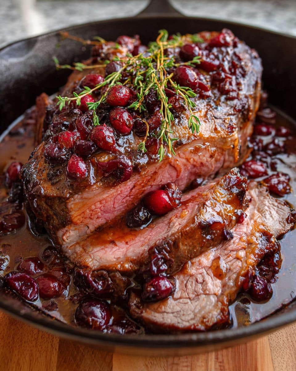 Close-up of sliced Cranberry Balsamic Roast Beef in a cast iron skillet, topped with cranberries and herbs.