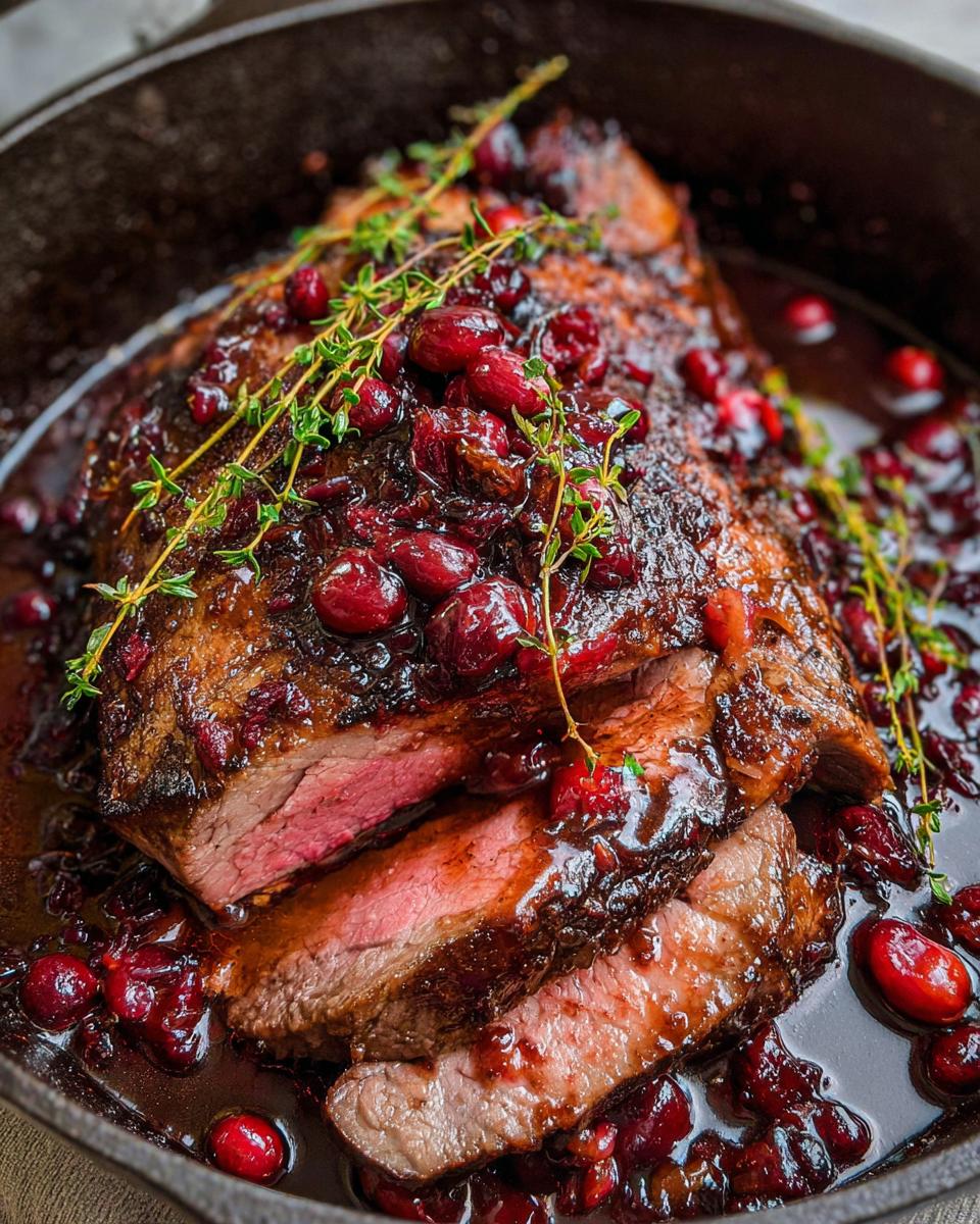Close-up of sliced Cranberry Balsamic Roast Beef in a cast iron skillet, topped with cranberries and herbs.