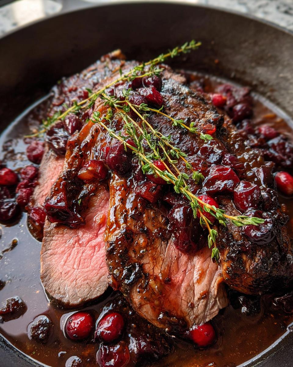 Close-up of sliced Cranberry Balsamic Roast Beef in a pan, topped with fresh cranberries and thyme.