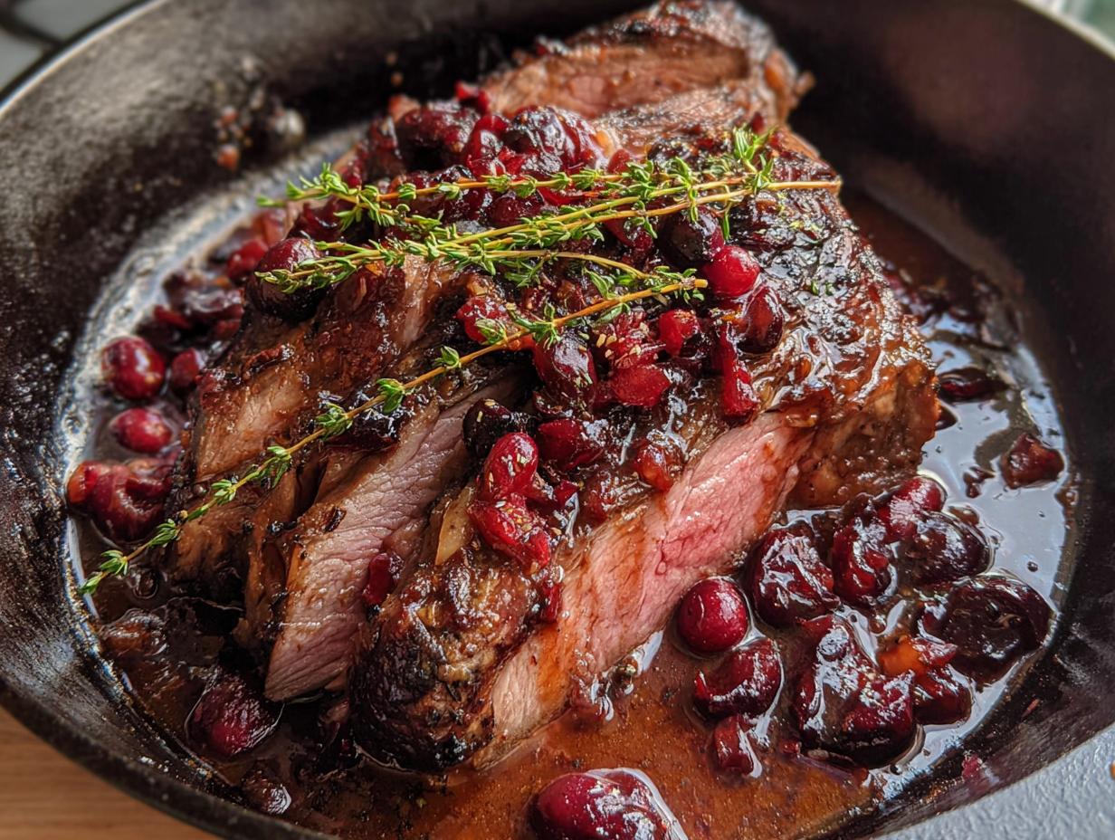 Close-up of sliced Cranberry Balsamic Roast Beef in a cast iron skillet, drizzled with sauce and garnished with cranberries and thyme.