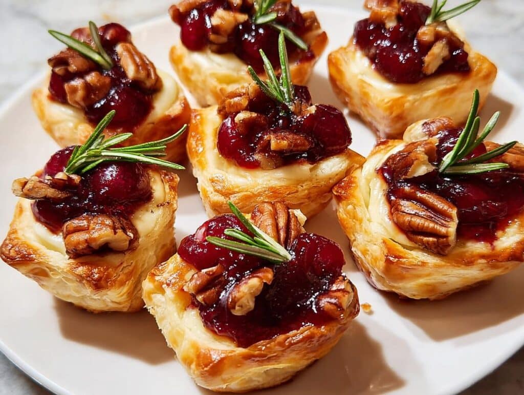 Close-up of six Cranberry Brie Bites on a white plate, topped with cranberry sauce, pecans, and rosemary.
