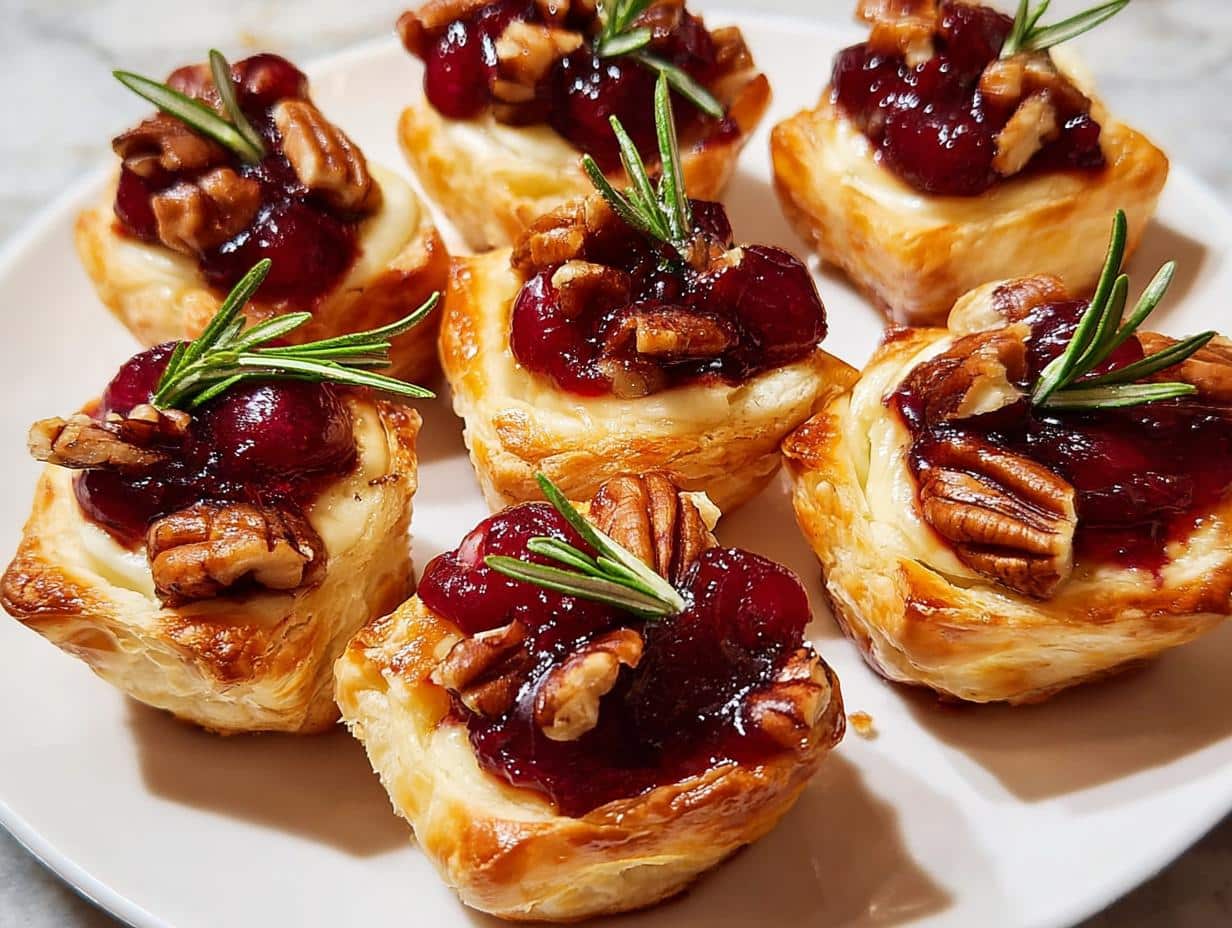 Close-up of six Cranberry Brie Bites on a white plate, topped with cranberry sauce, pecans, and rosemary.