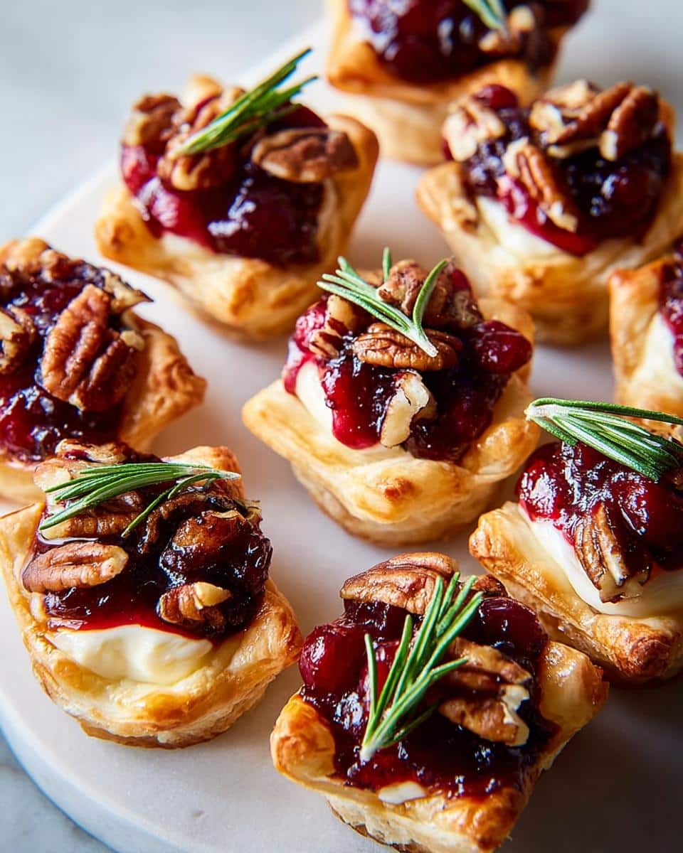 Close-up of festive Cranberry Brie Bites topped with pecans and rosemary on a white platter.