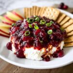 A festive Cranberry Cream Cheese Dip topped with cranberry sauce and green onions, served with crackers and apple slices.