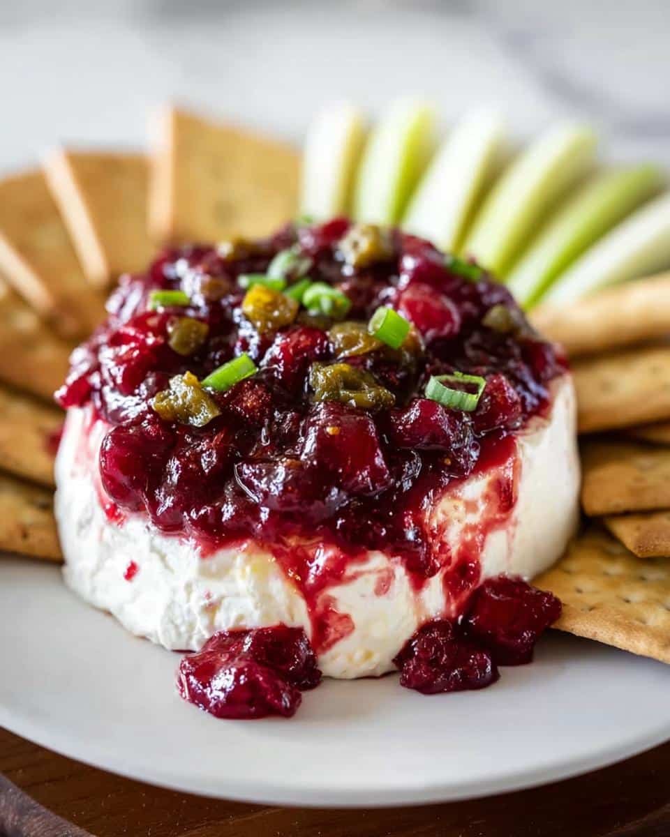 A festive Cranberry Cream Cheese Dip topped with cranberry sauce and jalapeños, served with crackers and apple slices.