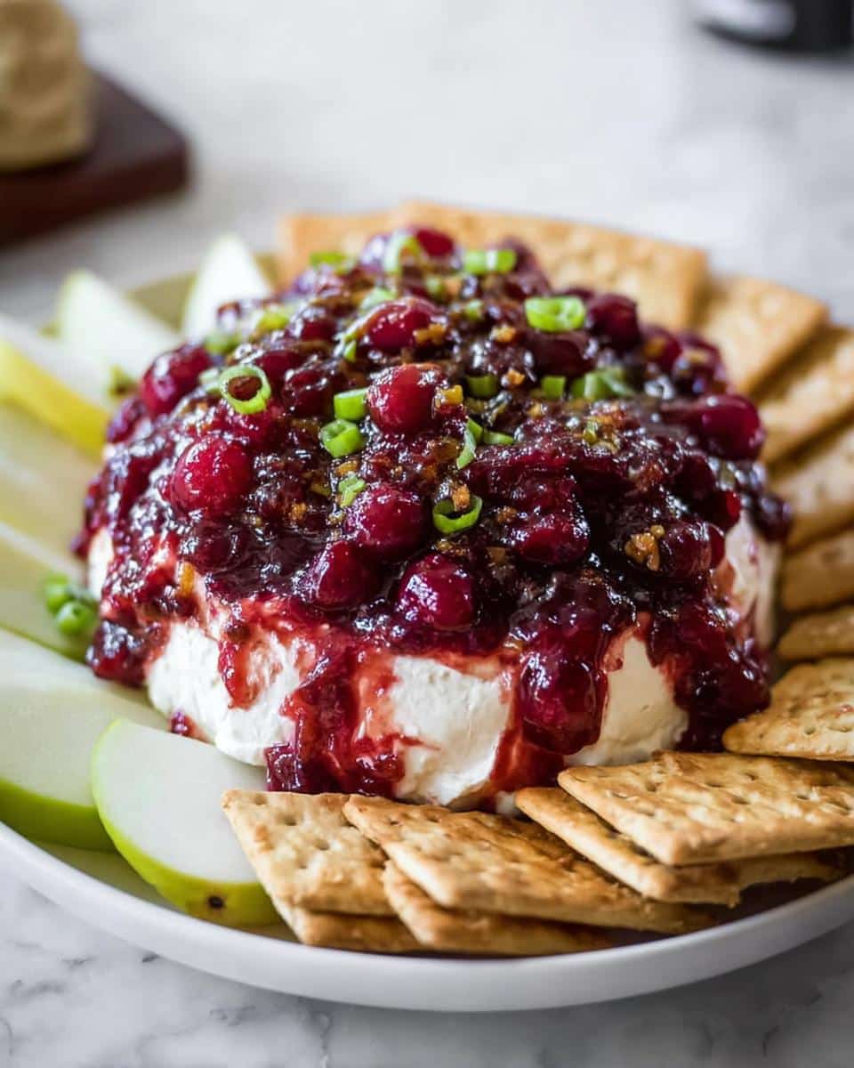 A festive Cranberry Cream Cheese Dip topped with whole cranberries and green onions, served with crackers and apple slices.