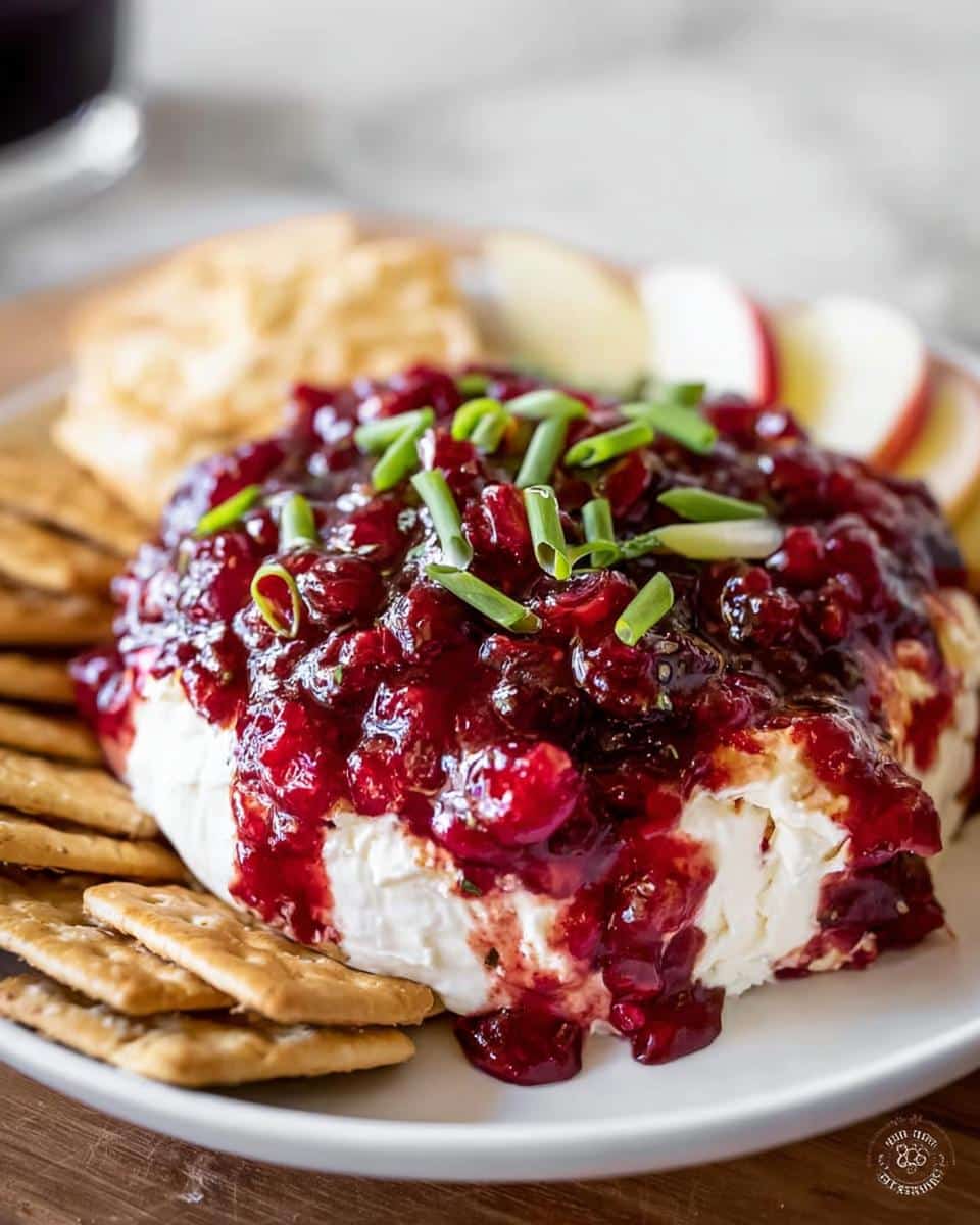 A festive Cranberry Cream Cheese Dip topped with cranberry sauce and chives, served with crackers and apple slices.