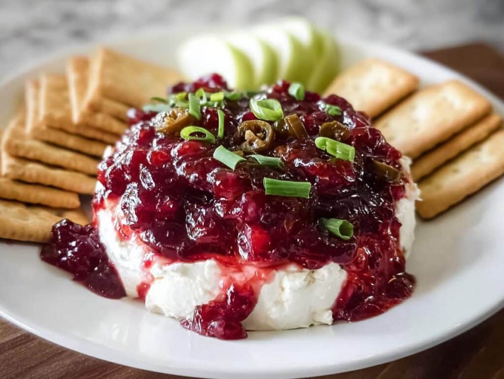 A festive mound of Cranberry Cream Cheese Dip topped with jalapeños and green onions, served with crackers and apple slices.