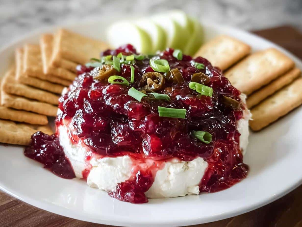 A festive mound of Cranberry Cream Cheese Dip topped with jalapeños and green onions, served with crackers and apple slices.