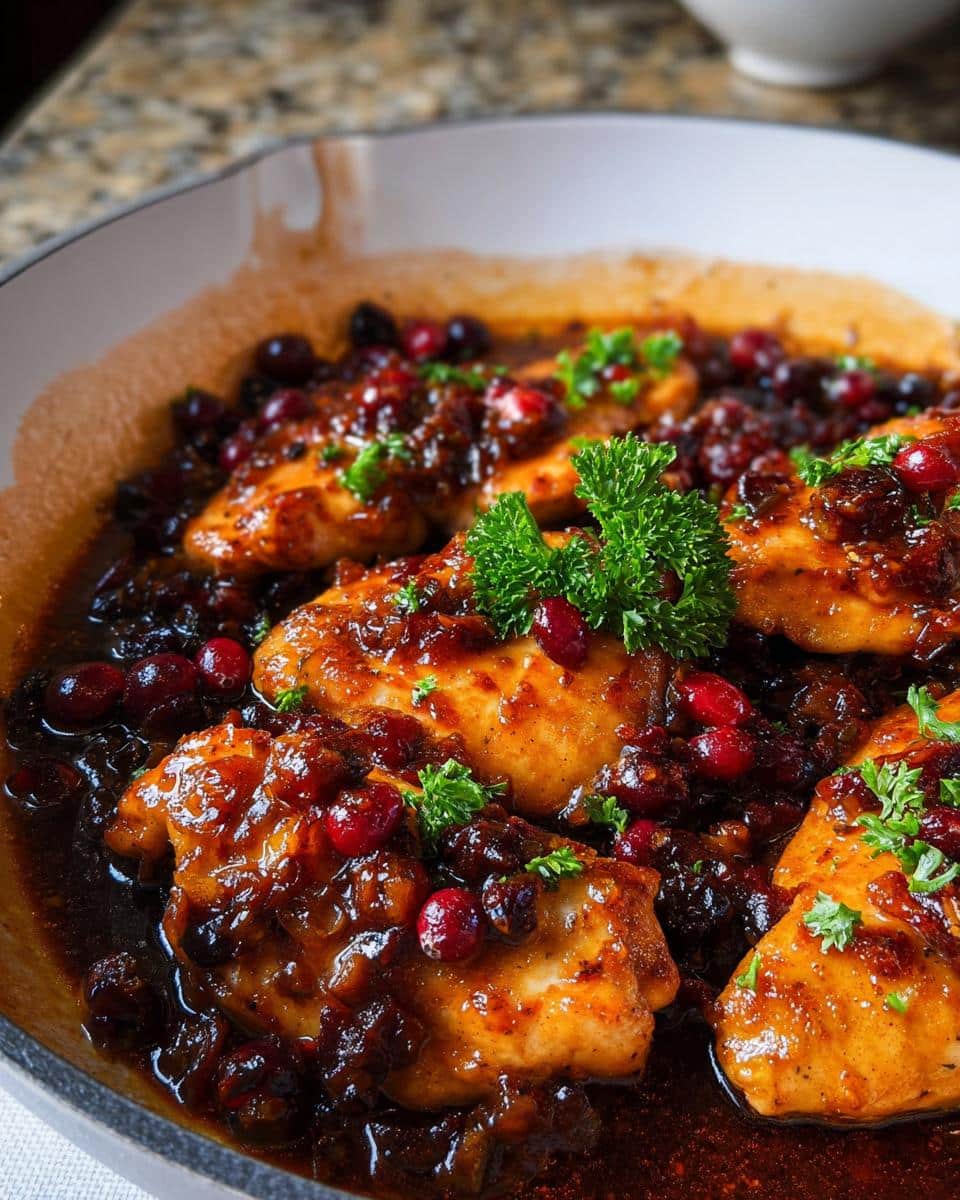 Close-up of tender chicken pieces coated in a glossy cranberry orange sauce, garnished with fresh parsley.