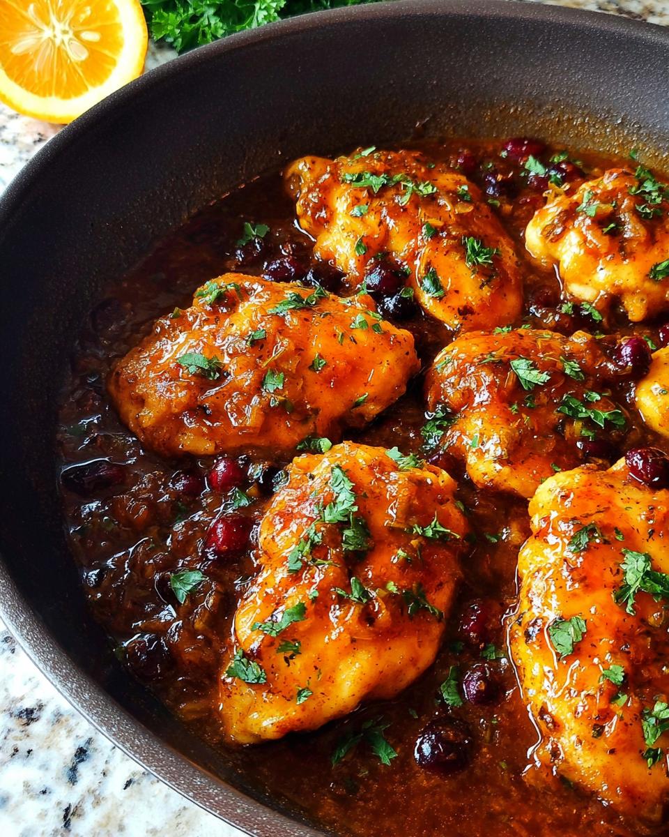 Close-up of juicy Cranberry Orange Chicken Skillet pieces in a rich sauce, garnished with fresh parsley.