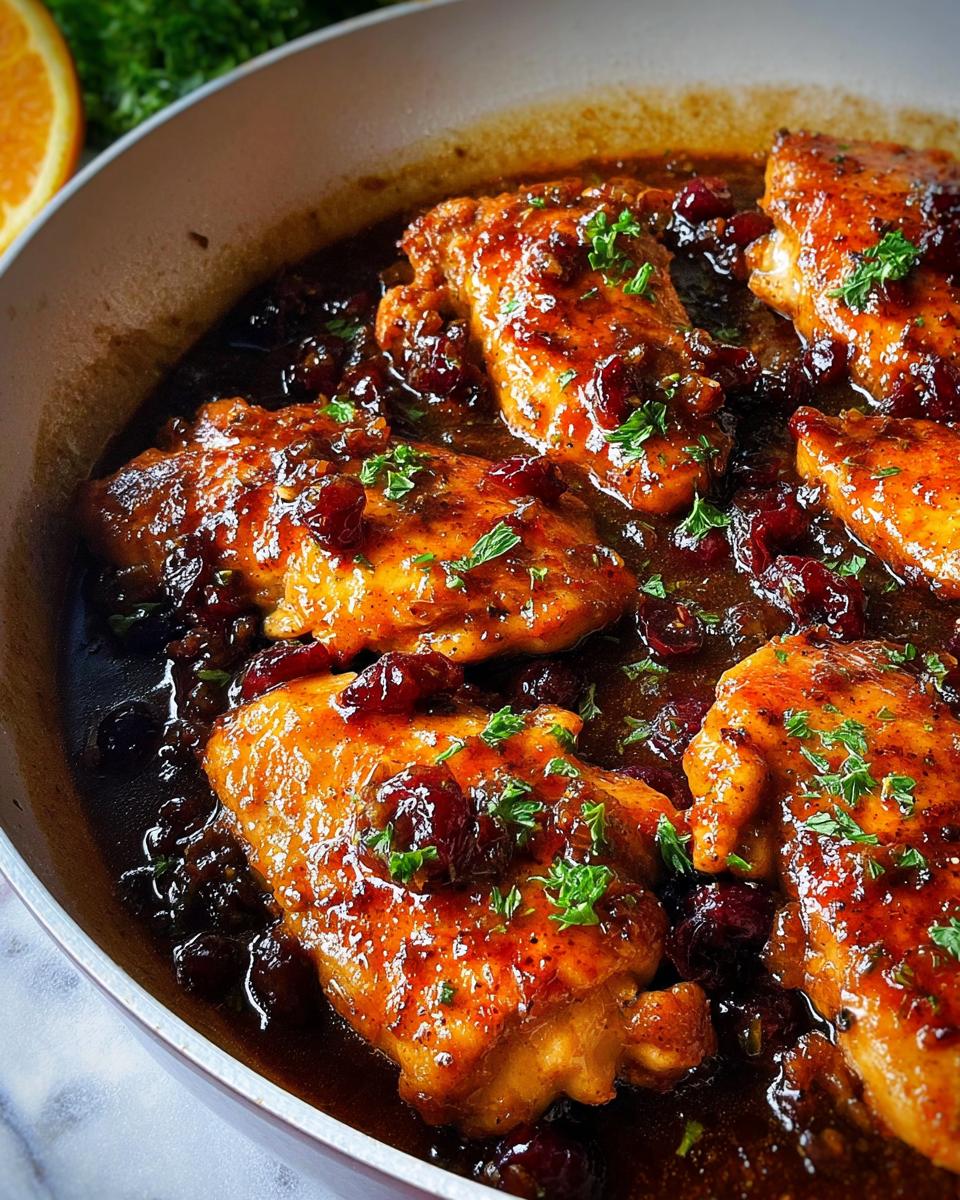 Close-up of juicy Cranberry Orange Chicken Skillet pieces in a rich sauce, garnished with parsley.