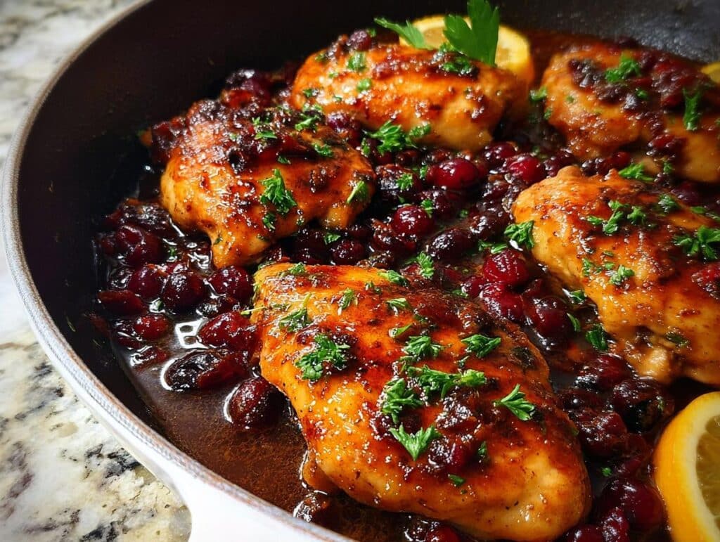 Close-up of juicy chicken pieces coated in a rich cranberry orange sauce in a skillet, garnished with parsley and lemon slices.