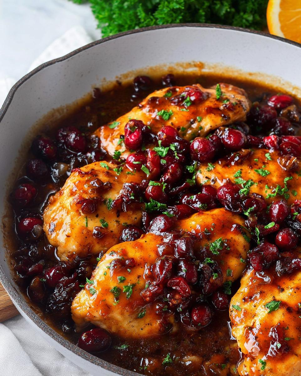 Close-up of juicy chicken breasts coated in a glossy cranberry orange sauce with whole cranberries and parsley in a skillet.