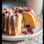 A slice of moist Cranberry Orange Pound Cake on a white plate, drizzled with icing and topped with fresh cranberries.