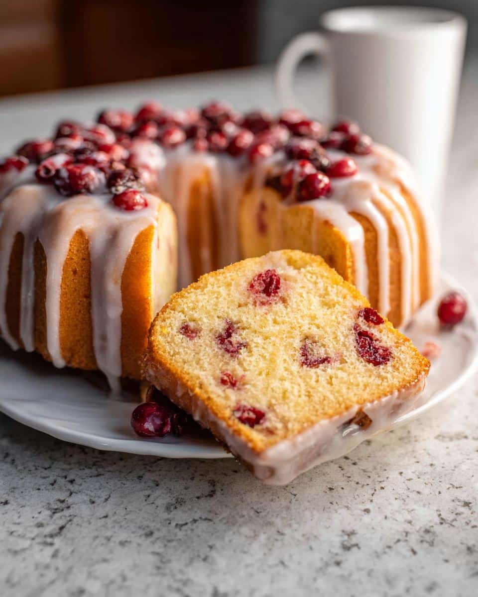 A slice of moist Cranberry Orange Pound Cake topped with white glaze and fresh cranberries.