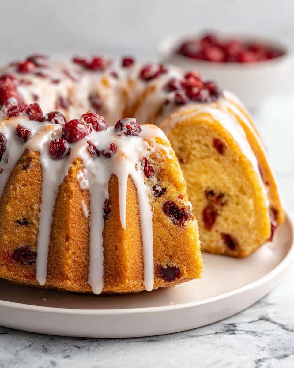 A slice of Cranberry Orange Pound Cake topped with white glaze and fresh cranberries.
