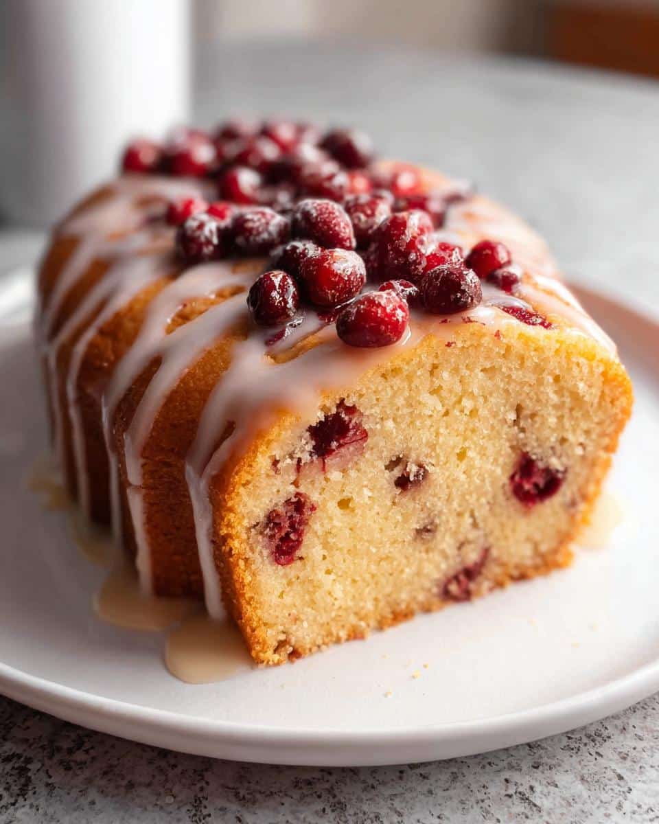 A slice of moist Cranberry Orange Pound Cake topped with a glaze and fresh cranberries.