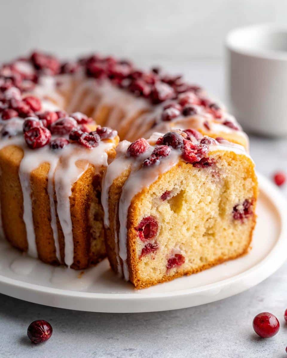 A slice of moist Cranberry Orange Pound Cake topped with white glaze and fresh cranberries.