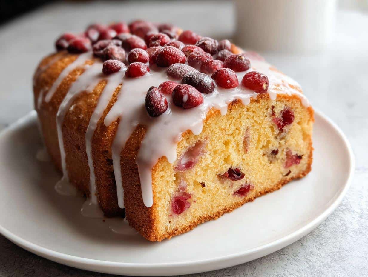 A slice of Cranberry Orange Pound Cake topped with white glaze and fresh cranberries.