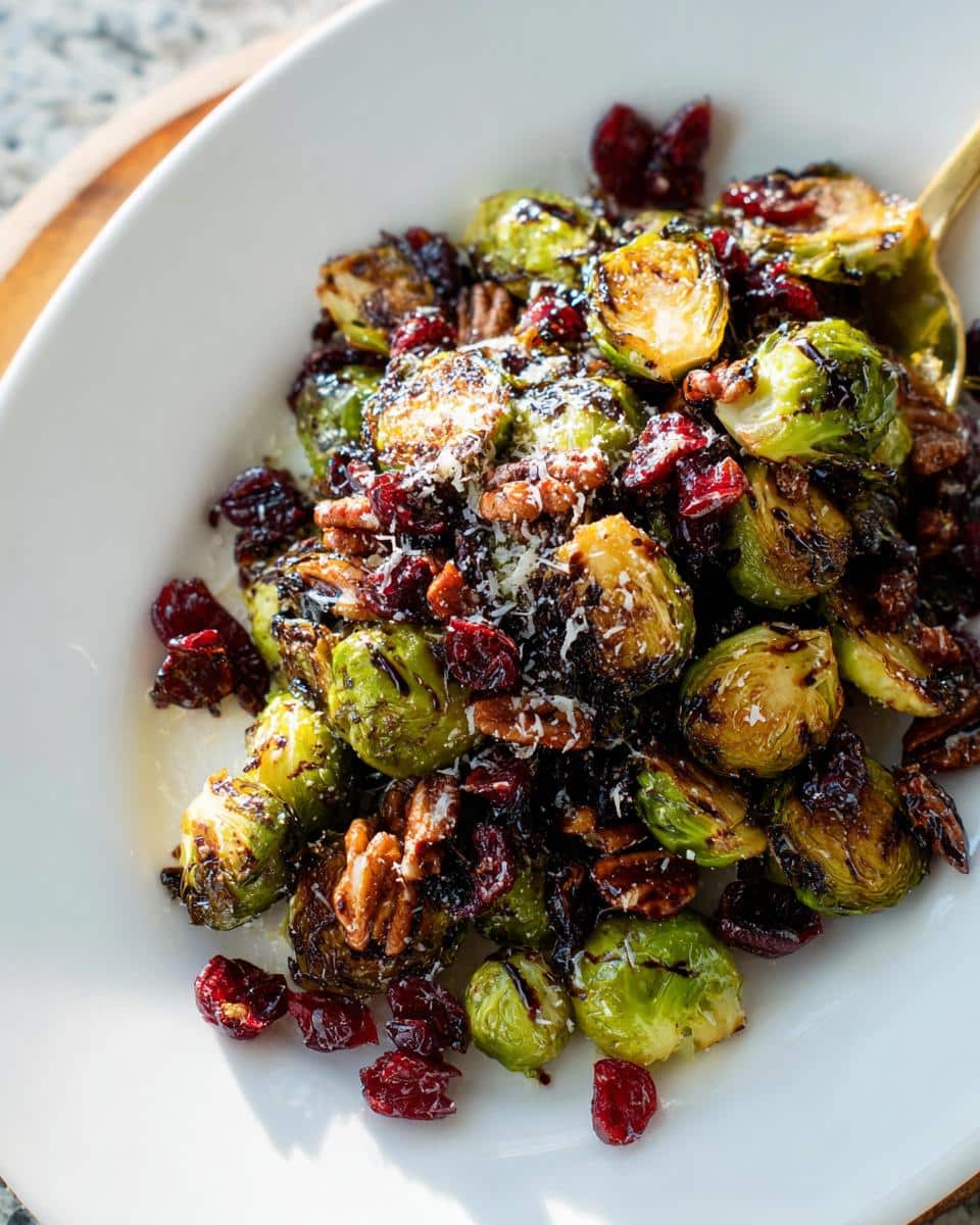 Close-up of roasted Cranberry Pecan Brussels Sprouts in a white bowl, topped with shredded cheese.