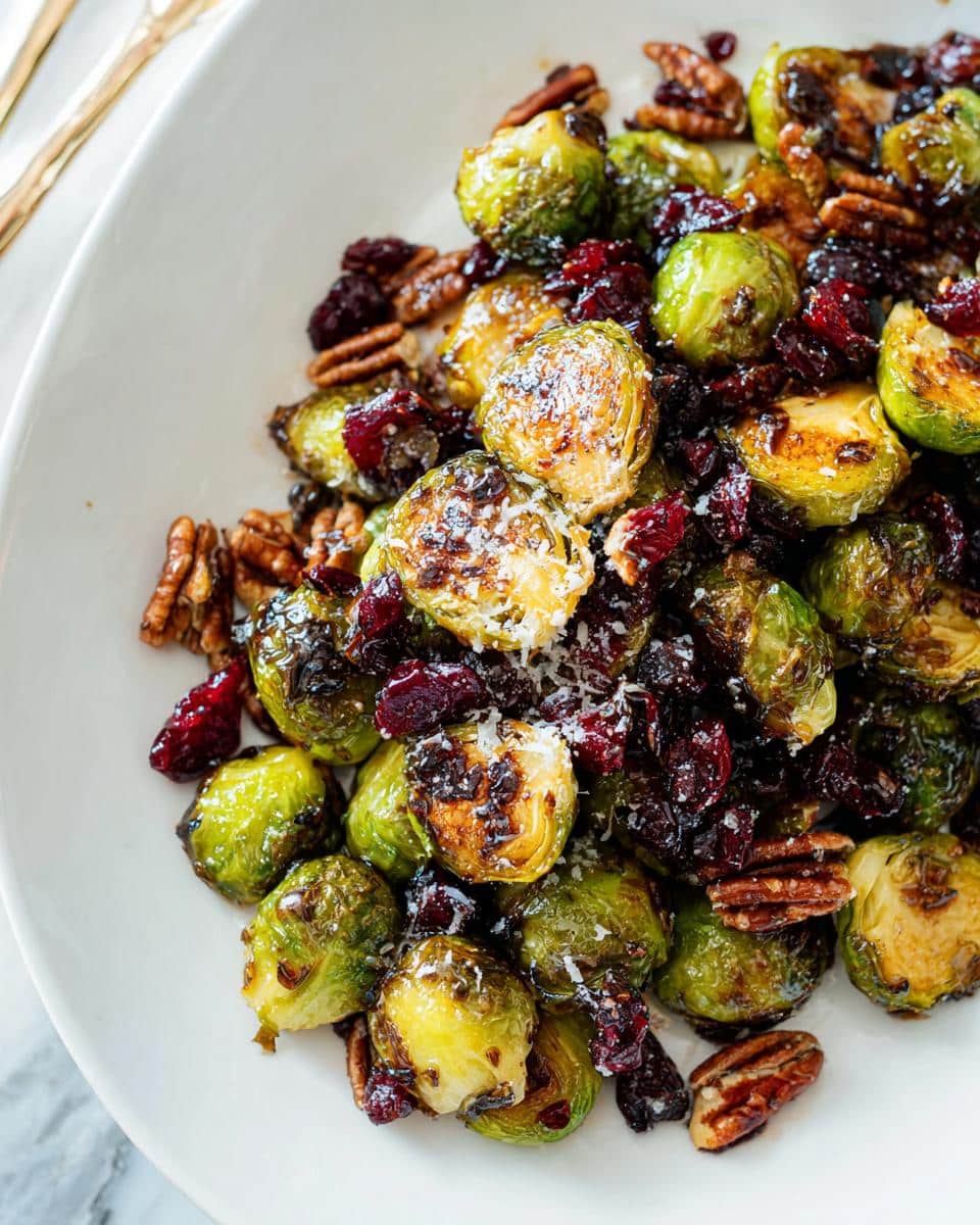 A close-up of roasted Cranberry Pecan Brussels Sprouts in a white bowl, sprinkled with grated cheese.