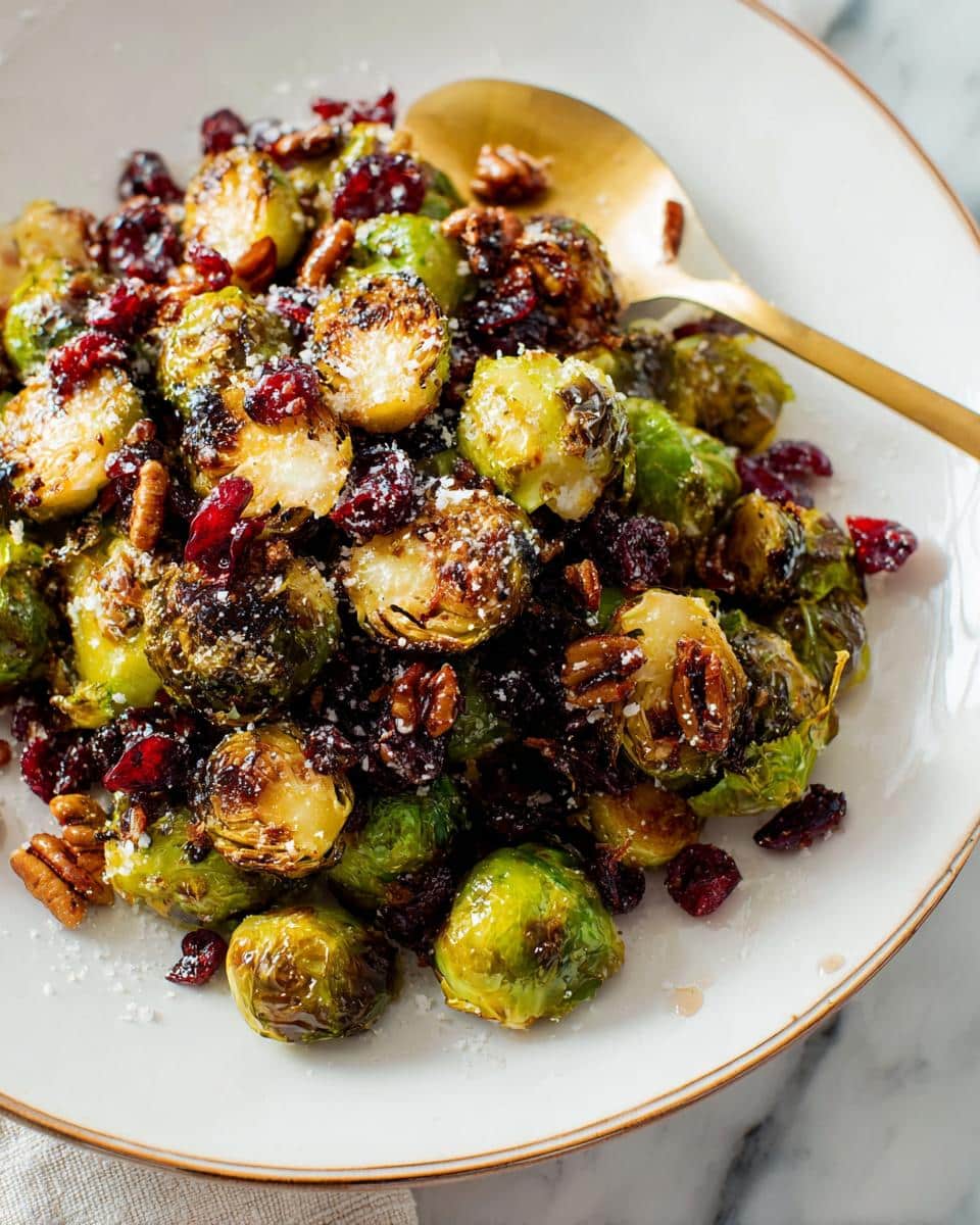 A close-up of roasted Cranberry Pecan Brussels Sprouts sprinkled with parmesan cheese and pecans.