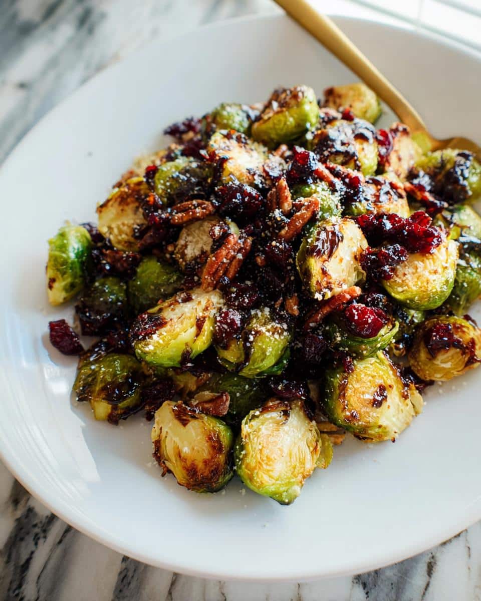 A close-up of roasted Cranberry Pecan Brussels Sprouts, glistening with a dark glaze and sprinkled with nuts and dried cranberries.