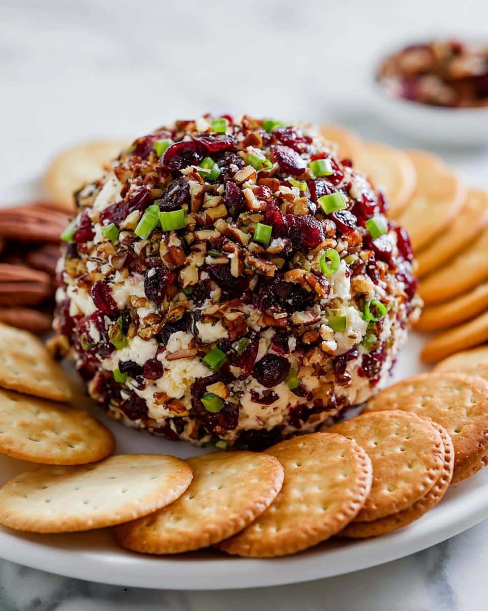 A festive Cranberry Pecan Goat Cheese Ball appetizer surrounded by crackers and pecans.