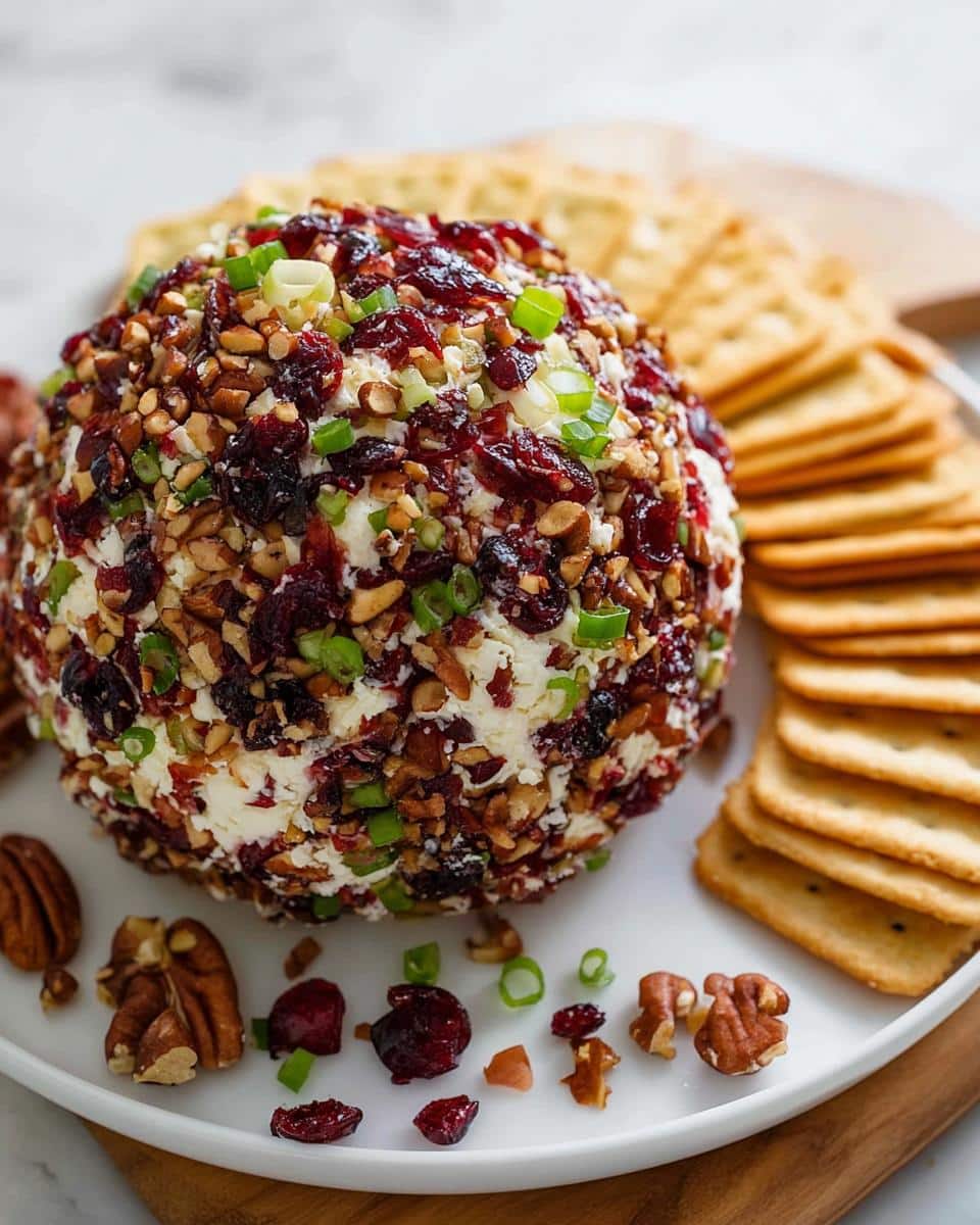 A festive Cranberry Pecan Goat Cheese Ball appetizer, coated in chopped pecans, dried cranberries, and green onions, served with crackers.