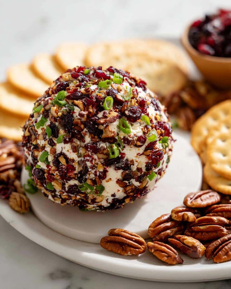 A festive Cranberry Pecan Goat Cheese Ball rolled in chopped pecans, dried cranberries, and green onions, served with crackers and whole pecans.