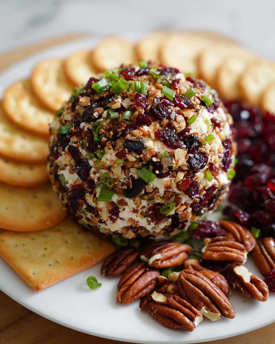 A festive Cranberry Pecan Goat Cheese Ball coated in chopped nuts and dried cranberries, served with crackers and pecans.