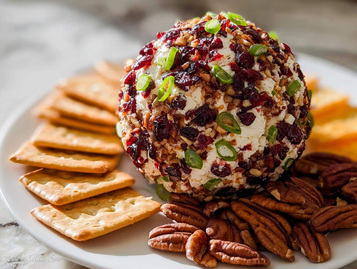 A festive Cranberry Pecan Goat Cheese Ball coated in chopped nuts and dried cranberries, served with crackers and pecans.