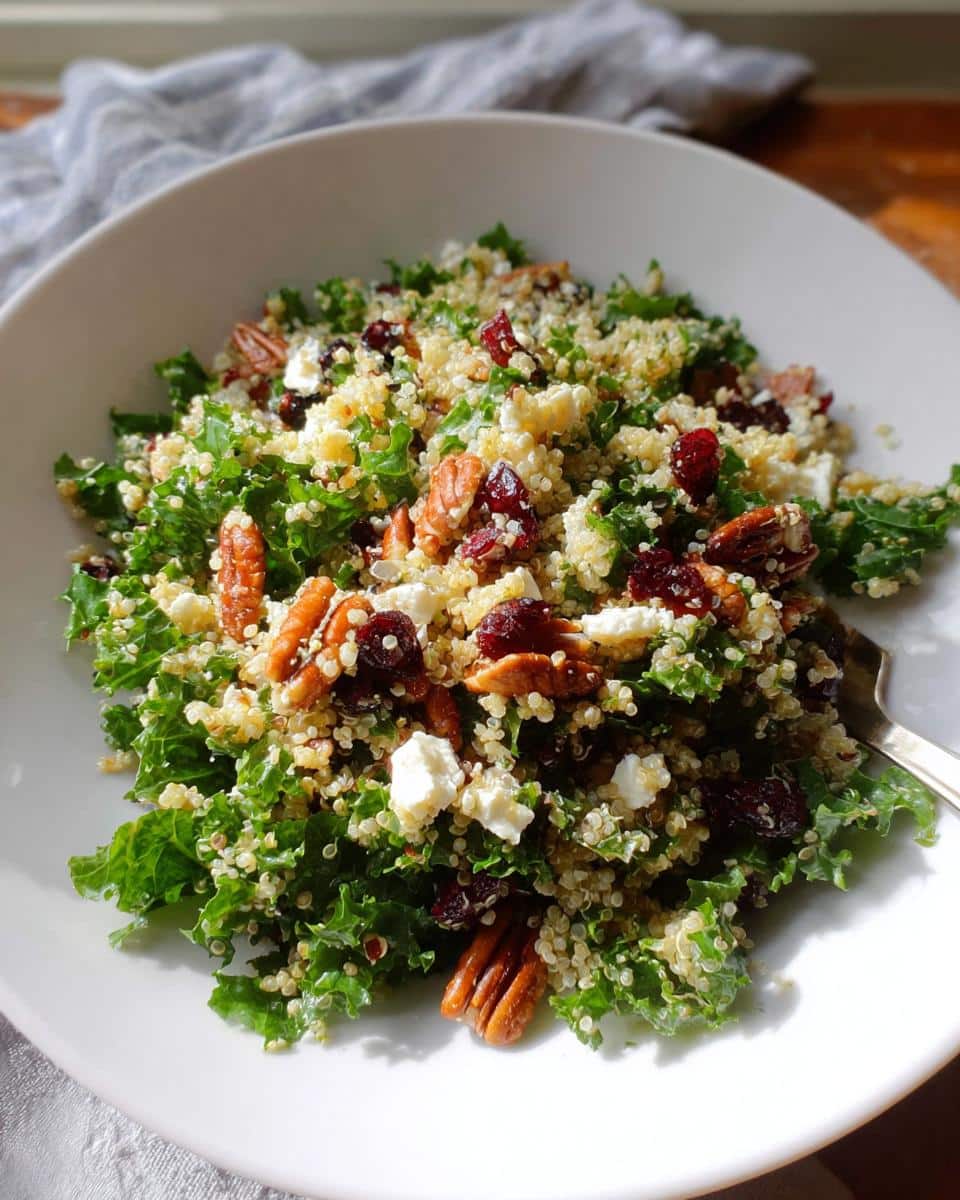 A refreshing Cranberry Pecan Quinoa Salad with kale, feta cheese, dried cranberries, and pecans.