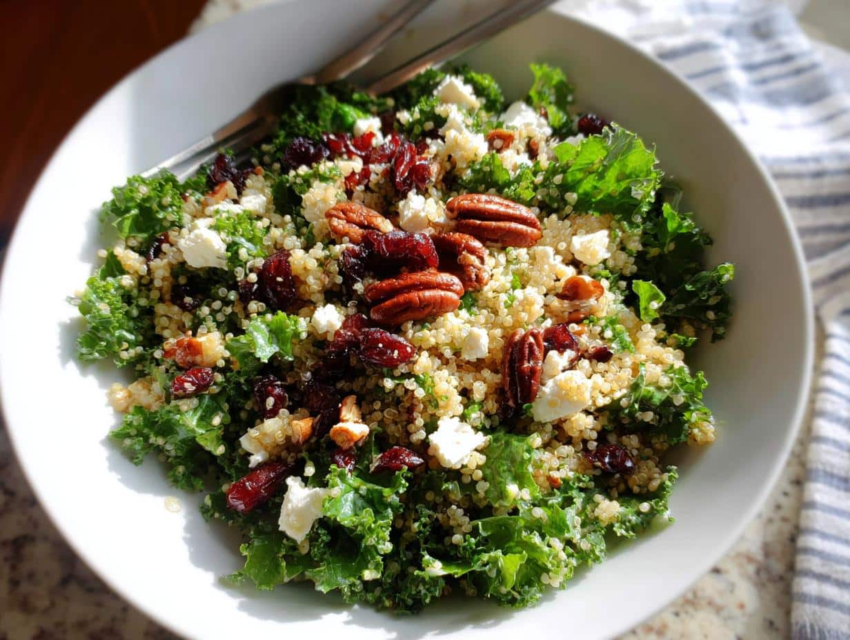 A vibrant bowl of Cranberry Pecan Quinoa Salad with kale, quinoa, dried cranberries, pecans, and feta cheese.
