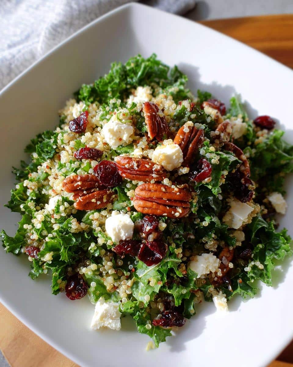 A vibrant bowl of Cranberry Pecan Quinoa Salad featuring kale, quinoa, pecans, dried cranberries, and feta cheese.