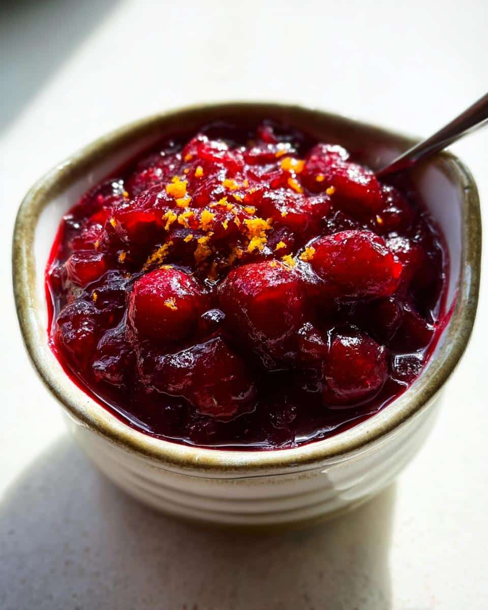 Close-up of homemade cranberry sauce, a key component of Best Thanksgiving Side Dishes, topped with orange zest.