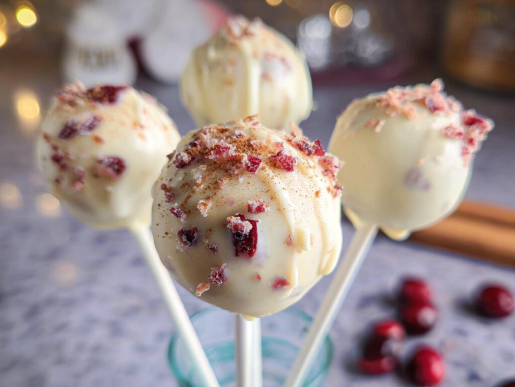 Close-up of four Cranberry White Chocolate Cake Pops dipped in white chocolate and sprinkled with dried cranberries and cinnamon.