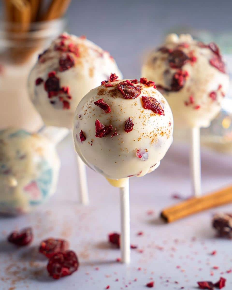 Close-up of Cranberry White Chocolate Cake Pops, coated in white chocolate and sprinkled with dried cranberries and cinnamon.
