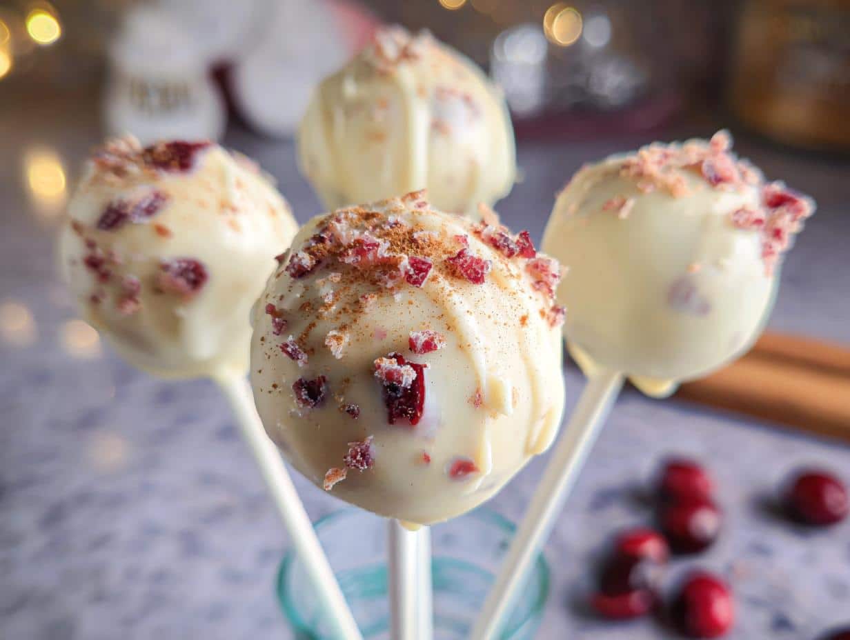 Close-up of four Cranberry White Chocolate Cake Pops dipped in white chocolate and sprinkled with dried cranberries and cinnamon.