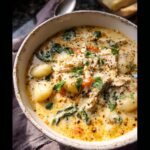 A close-up of a hearty bowl of Creamy Chicken Gnocchi Soup, filled with tender chicken, soft gnocchi, and wilted spinach.