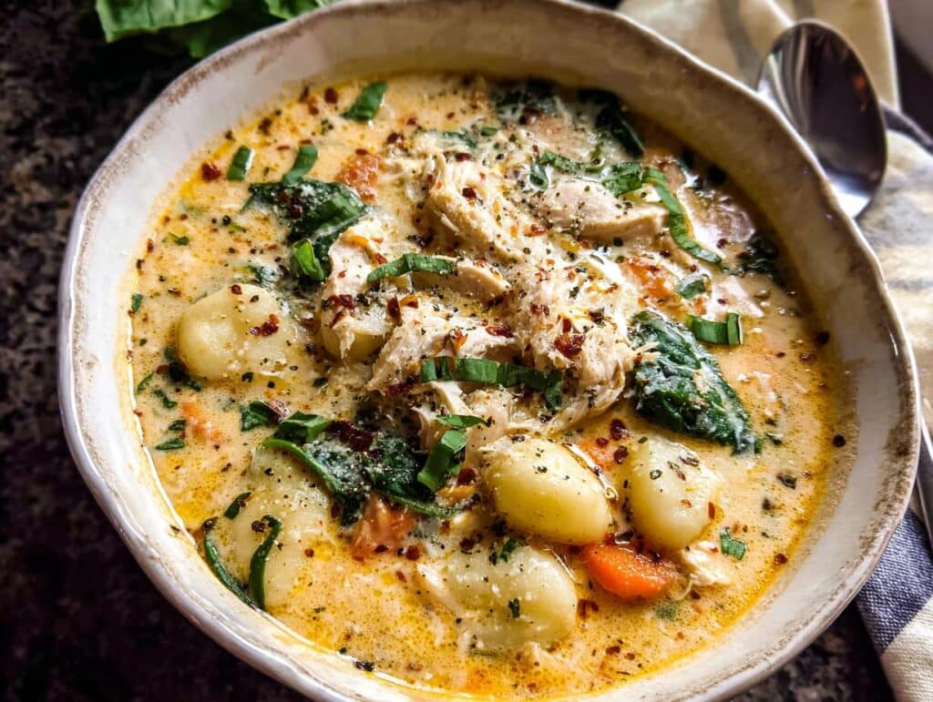 A close-up of a hearty bowl of Creamy Chicken Gnocchi Soup, filled with tender chicken, soft gnocchi, spinach, and carrots in a rich broth.