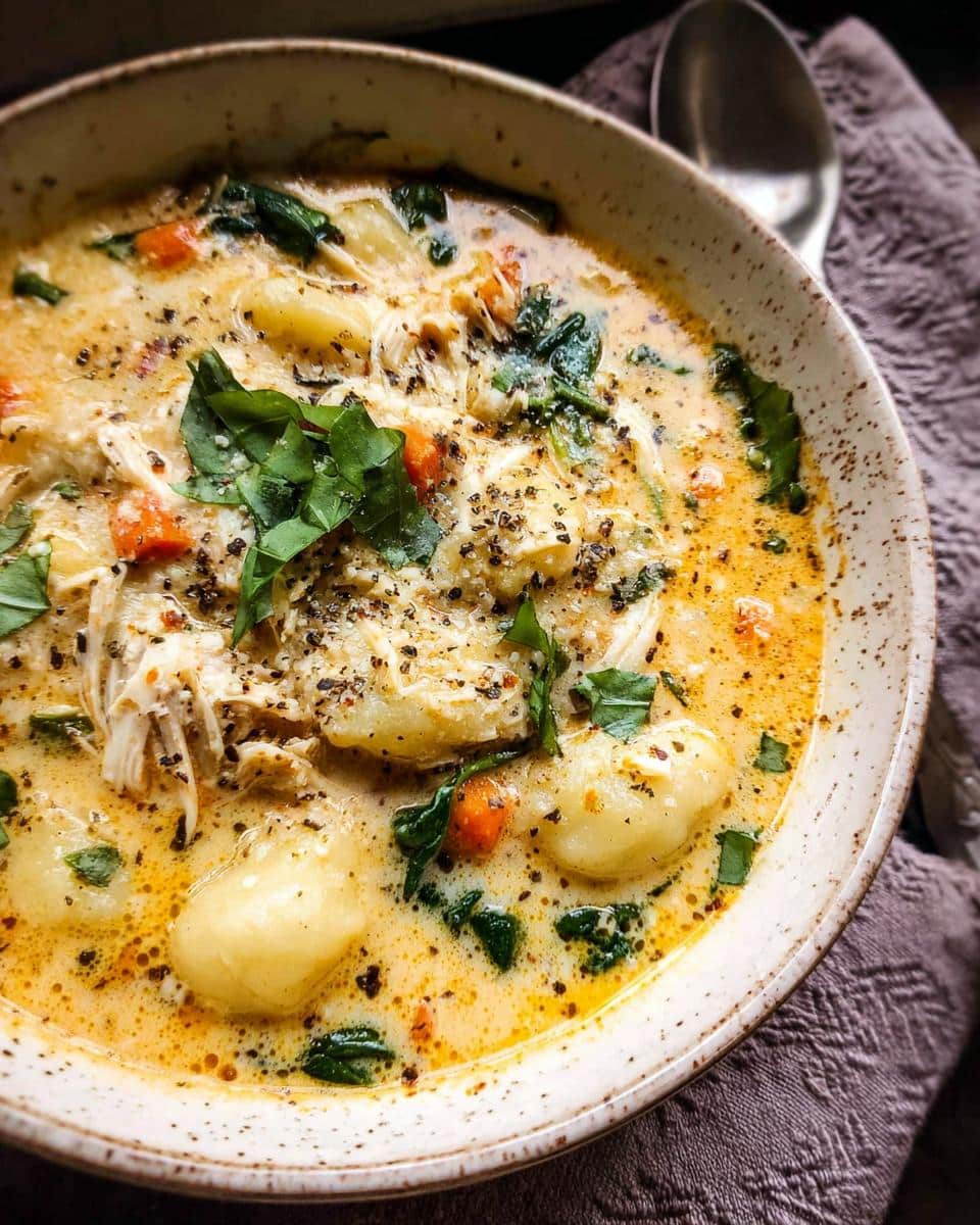 A hearty bowl of Creamy Chicken Gnocchi Soup with shredded chicken, gnocchi, spinach, and carrots.